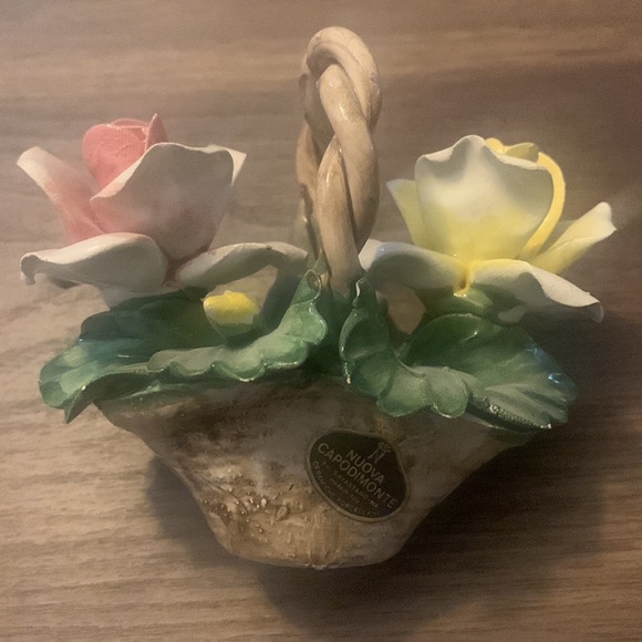 Vintage Nuova Capodimonte Porcelain Mini Basket Pink Yellow Flowers - Picture 2 of 7
